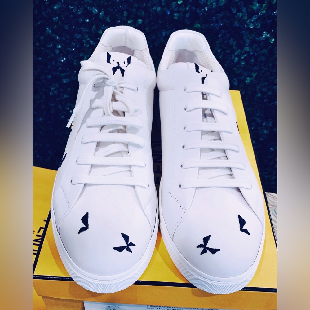 (NEW) FENDI Multicoloured Butterfly Bag Bugs Low-Top White Leather Sneaker,US13
